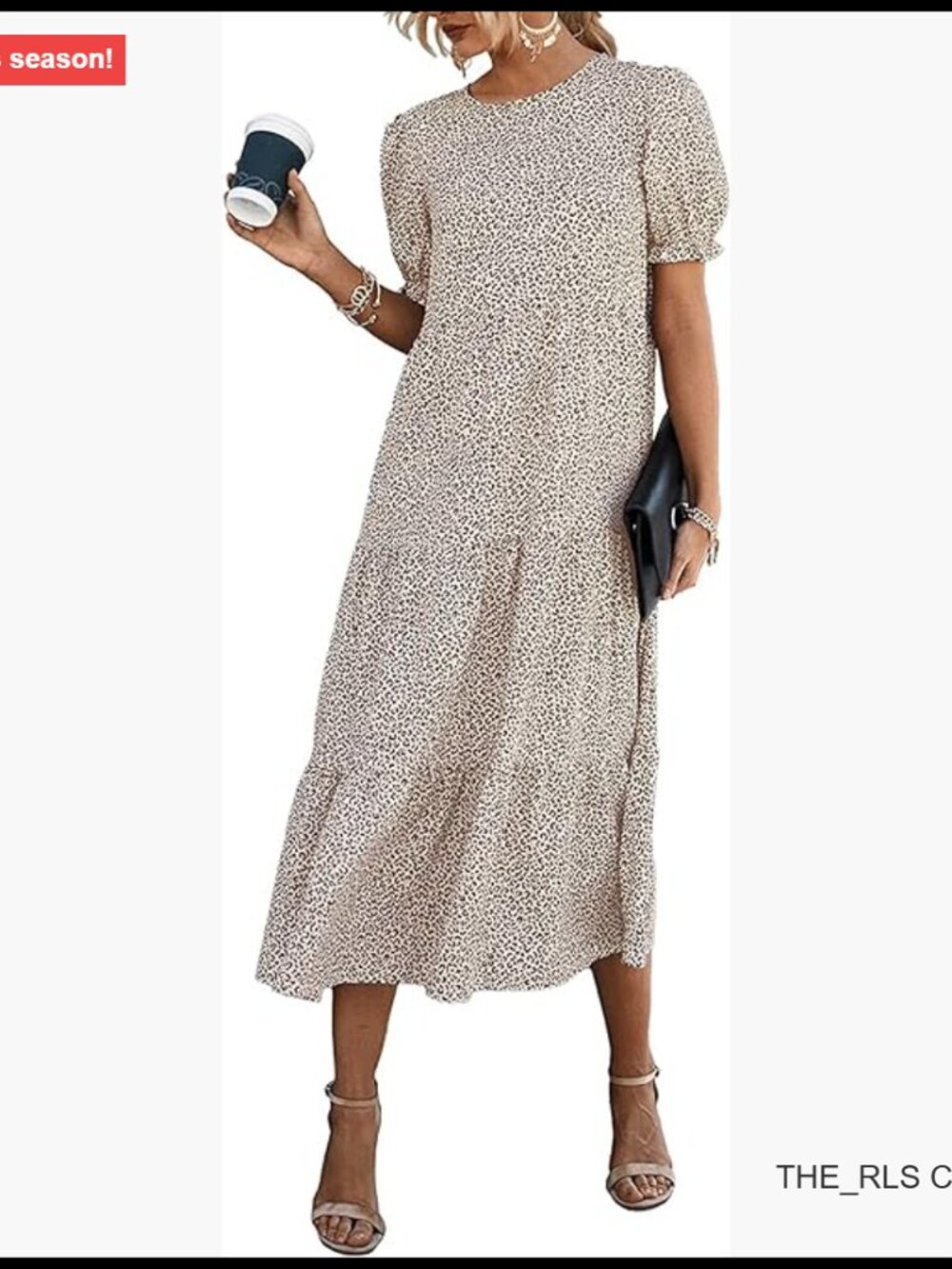 Polyester Floral Midi Dress with Puff Sleeves for Summer Casual Wear